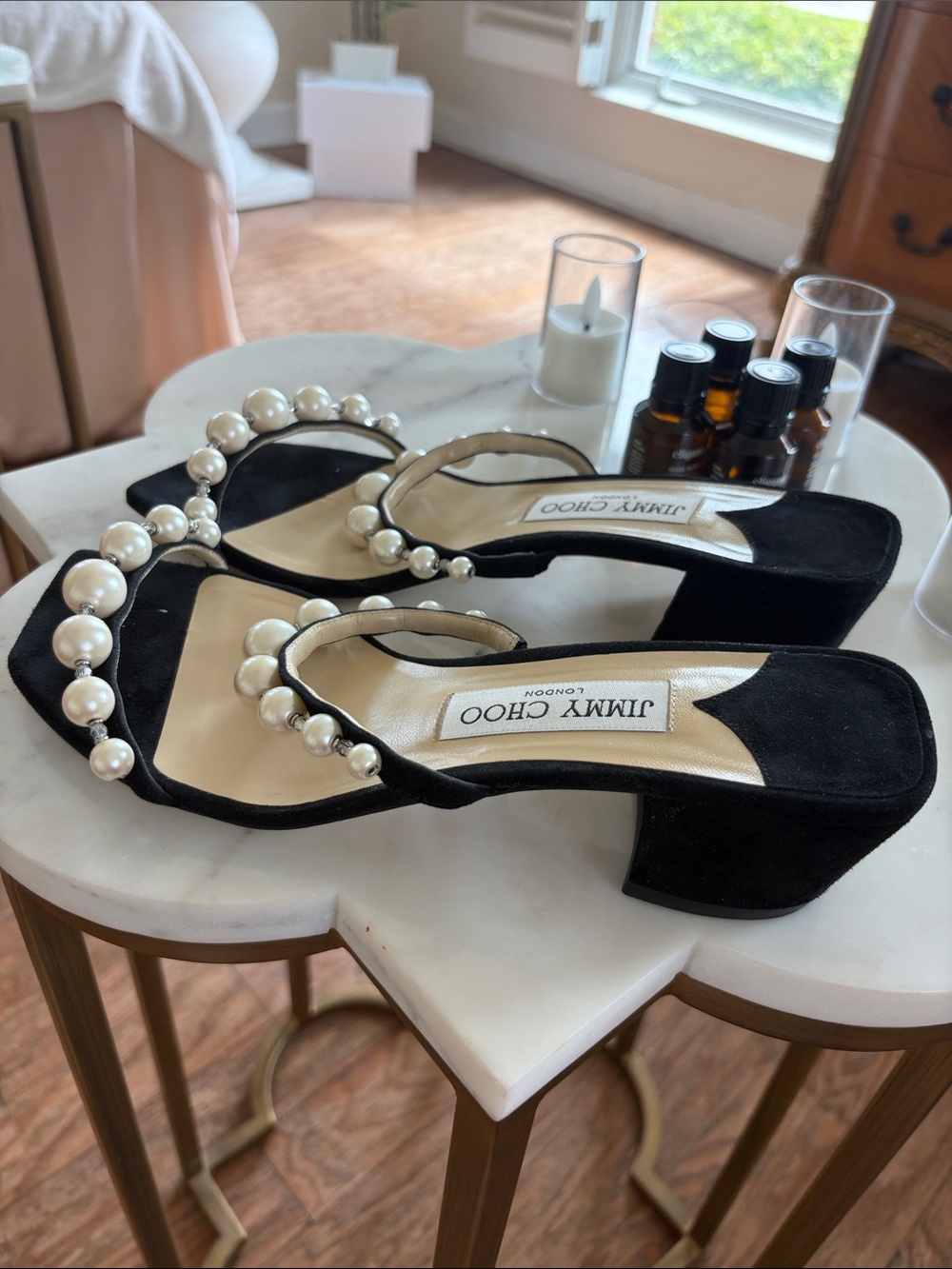 Jimmy Choo Black Pearl-Embellished Block Heel Sandals NWT
